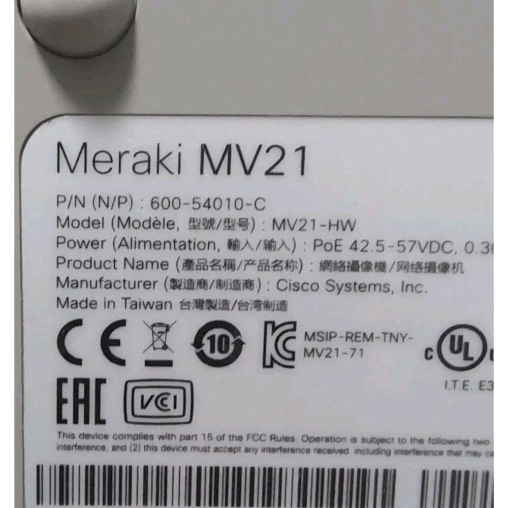 Cisco Meraki MV21-HW Indoor Dome Camera In Box With Mounting Plate Unclaimed